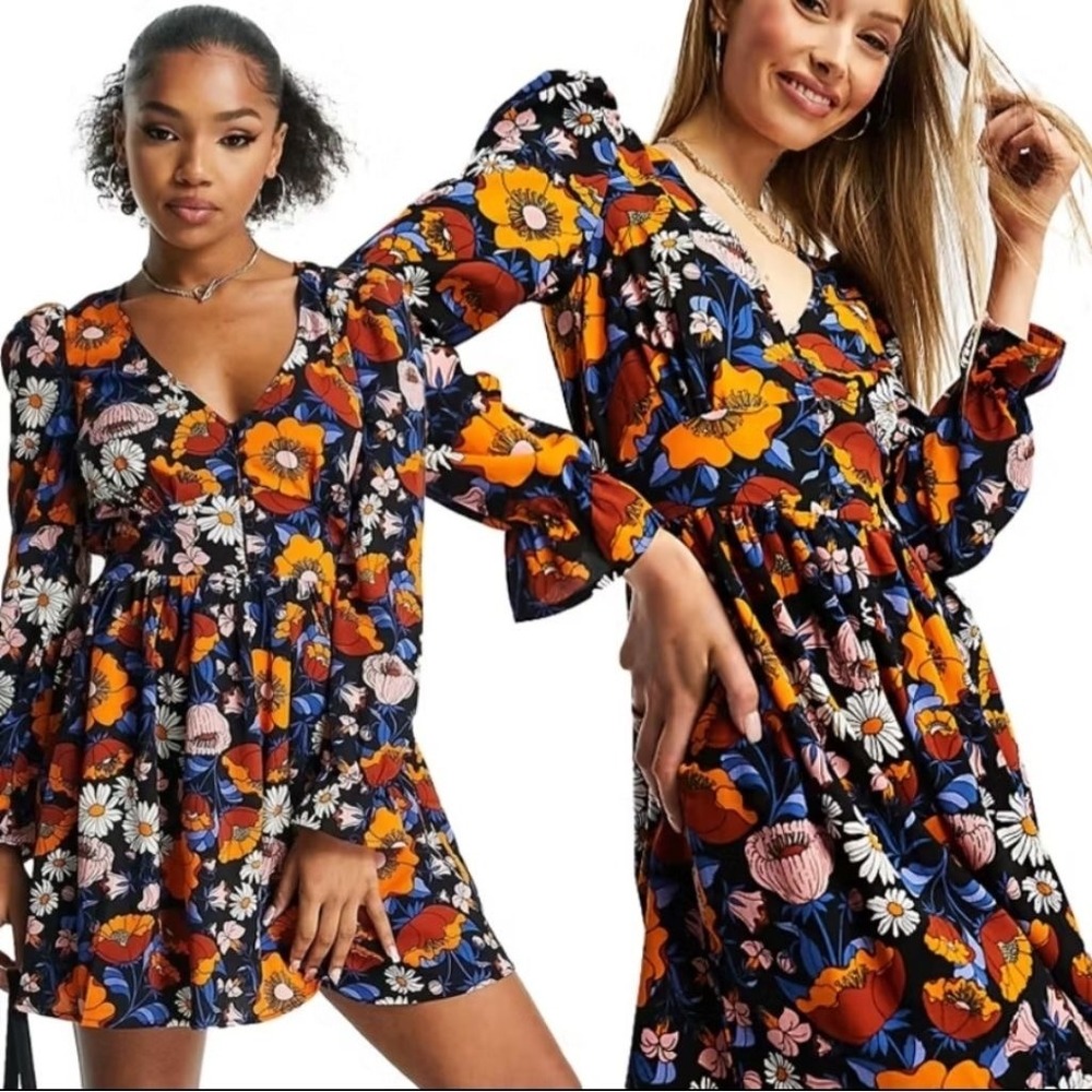 MONKI women's Sz38EU (US small) Long Sleeve V-Neck Floral Retro Mini Dress #1751